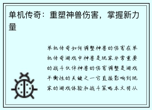 单机传奇：重塑神兽伤害，掌握新力量